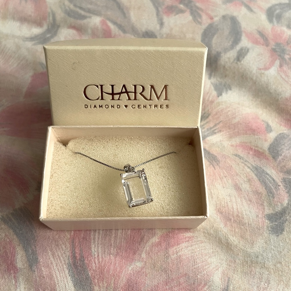 Sterling Silver Square, Clear, Crystal Pendant on Sterling Silver Box Chain